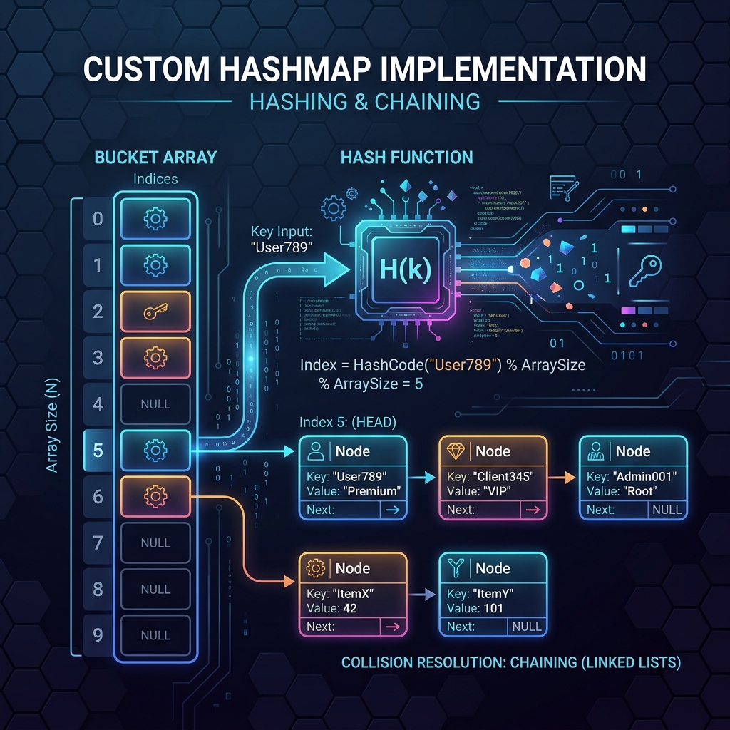 Illustration of Custom HashMap Chaining and Rehashing