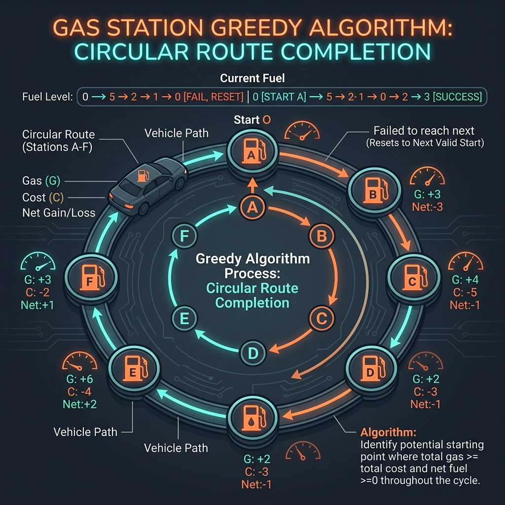 Illustration of Gas Station circular route greedy algorithm in Java
