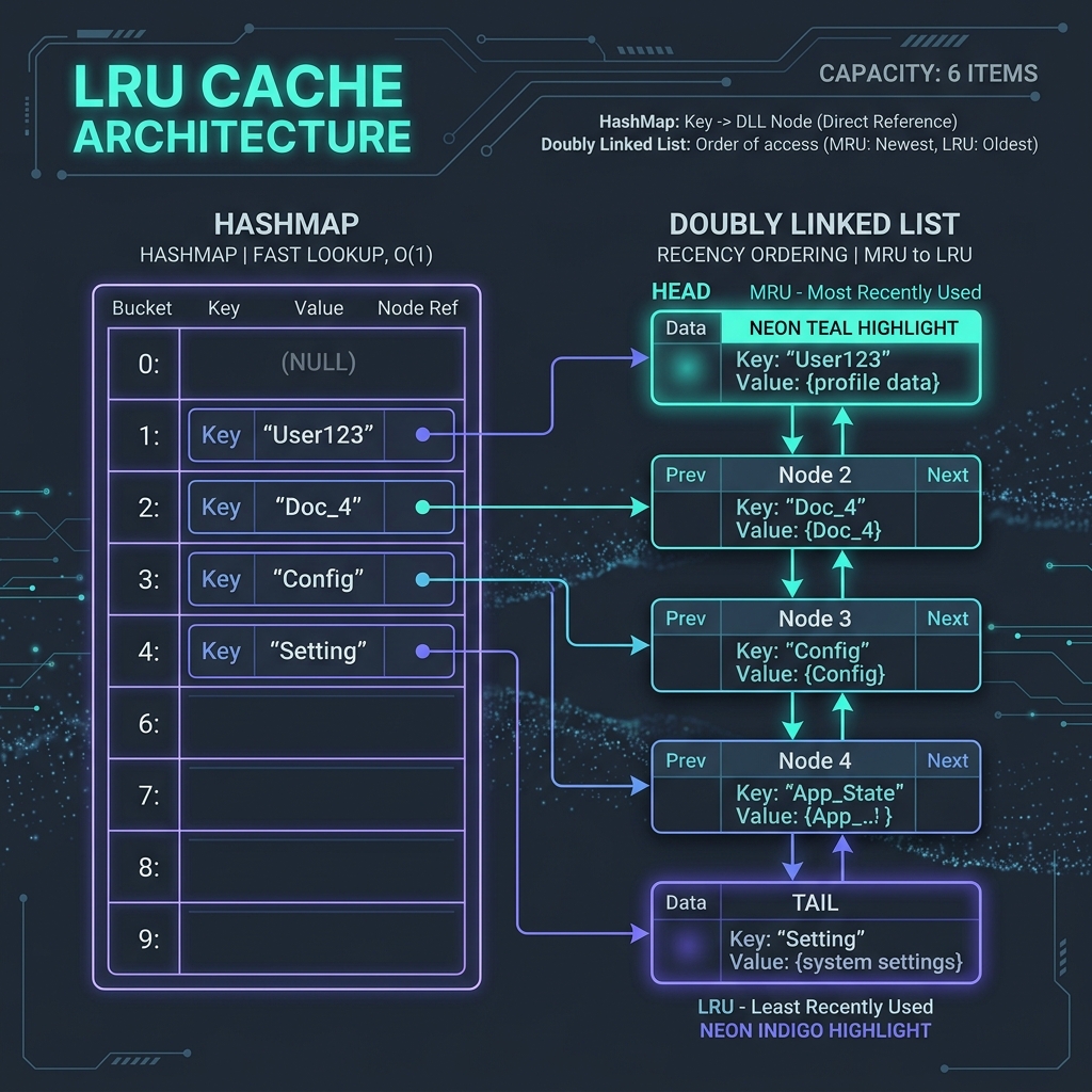 Illustration of LRU Cache using HashMap and Doubly Linked List in Java
