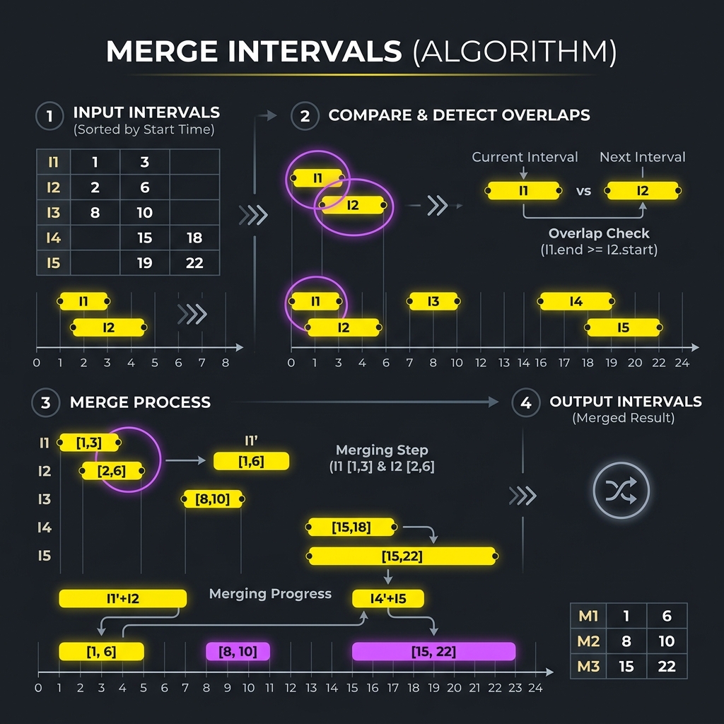 Illustration of Merge Intervals sorting and merging in Java
