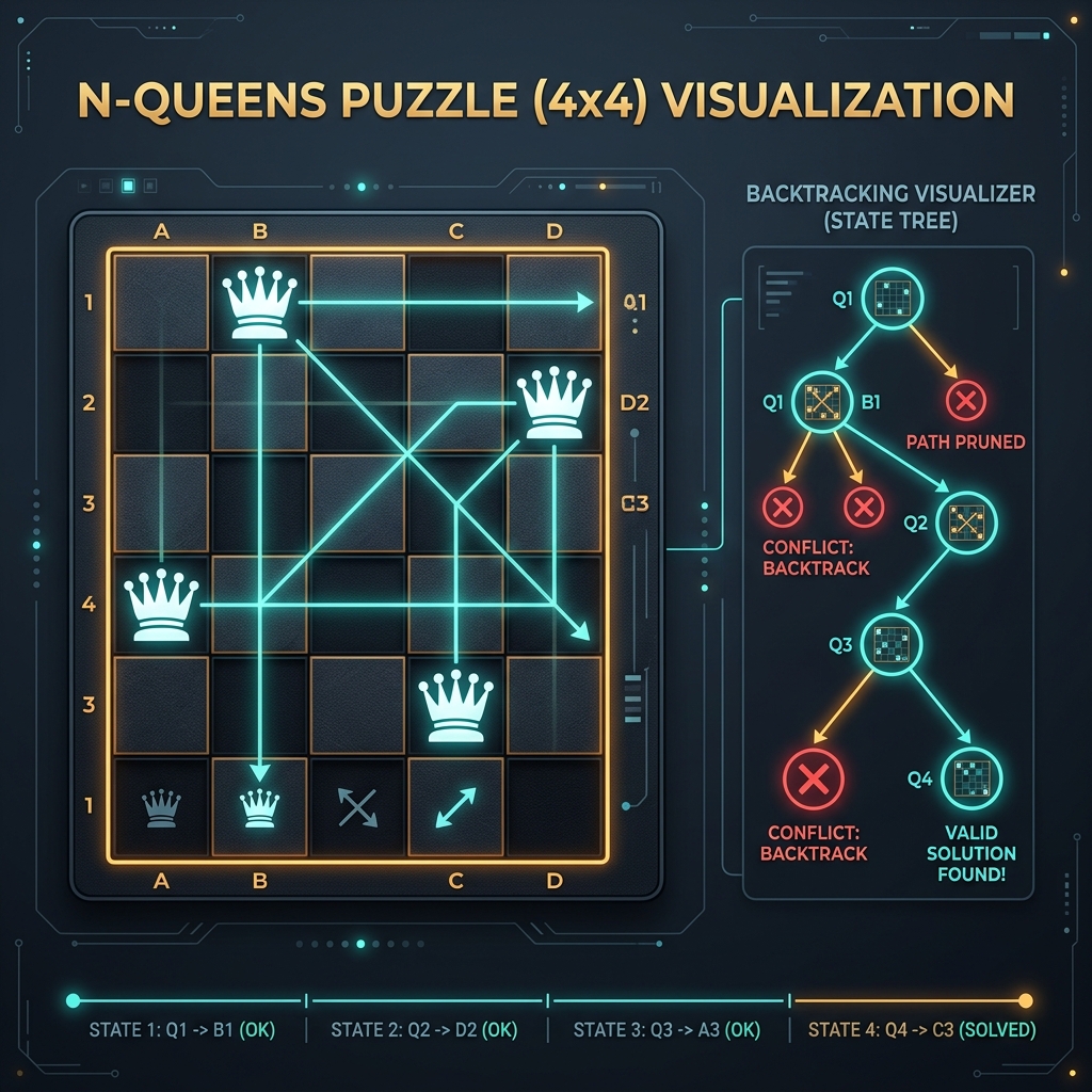 Illustration of N-Queens recursive backtracking constraint solver in Java