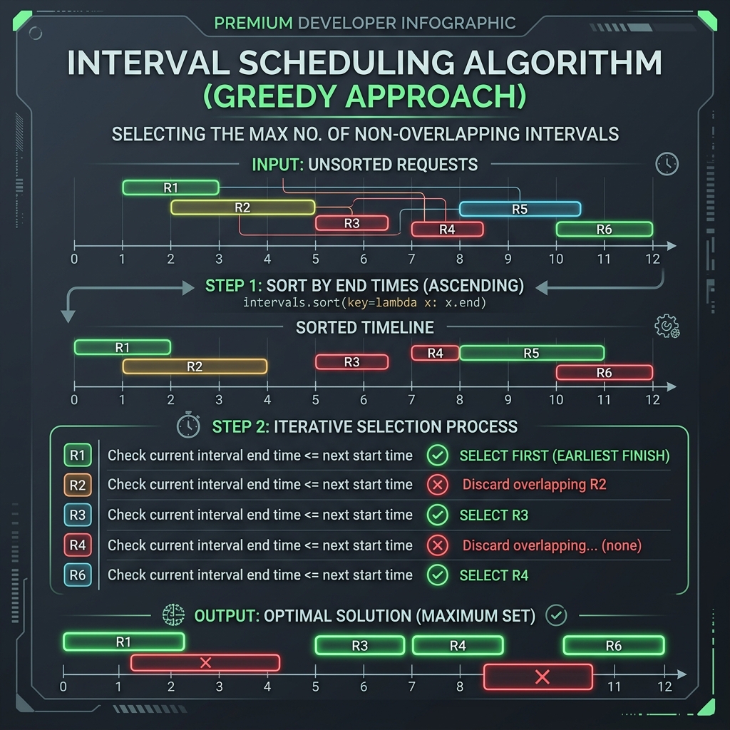 Illustration of Non-overlapping Intervals greedy selection by end time in Java
