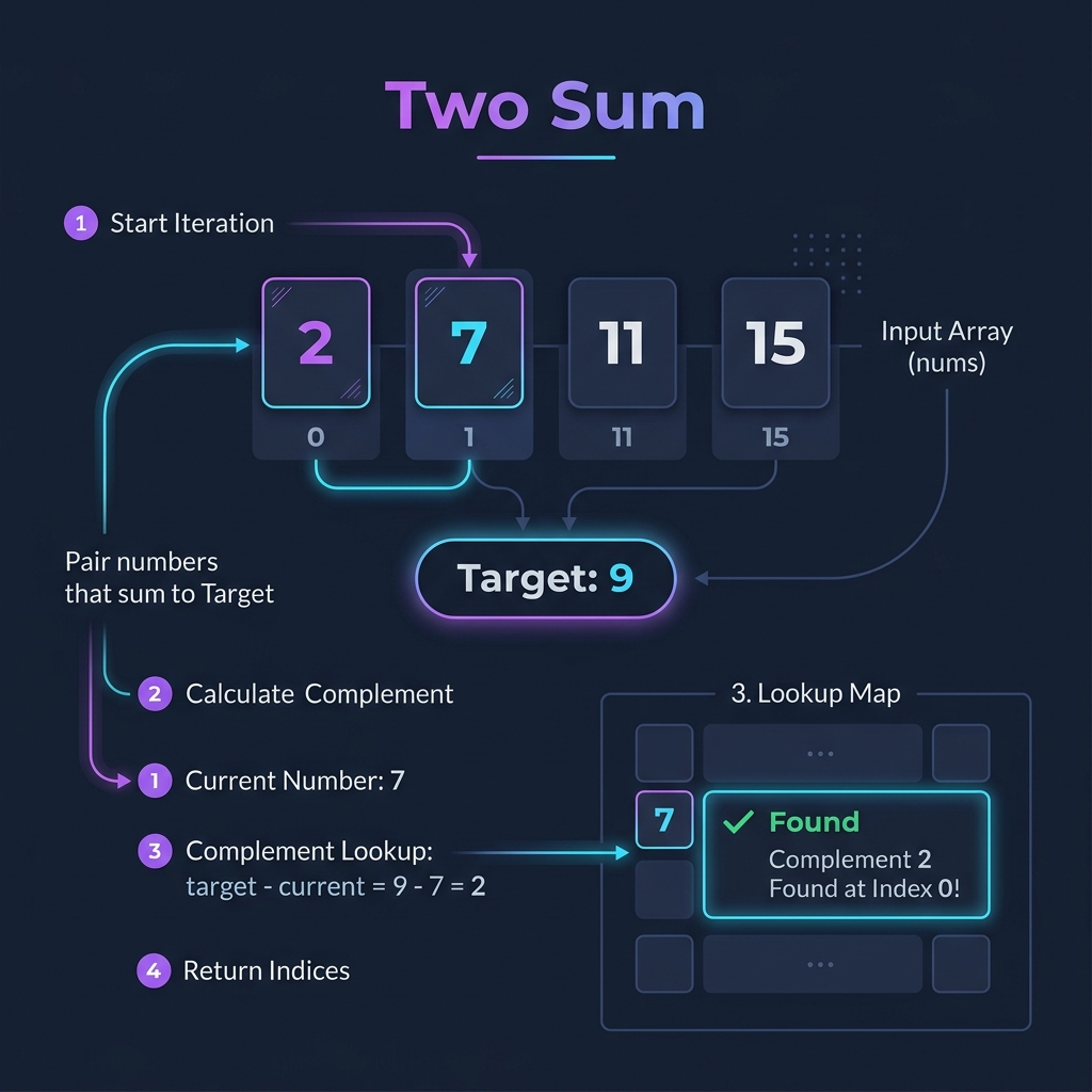 Illustration of Two Sum algorithm and HashMap search in Java