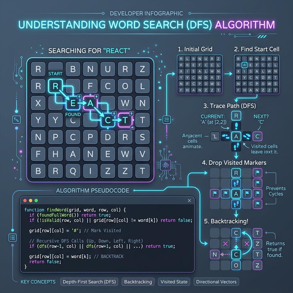 Illustration of Word Search DFS grid pathfinding in Java